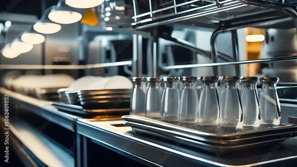High-Angle Perspective Showcasing the Dishwashing Area with an Industrial Dishwasher Surrounded by Sparkling Clean Plates and Utensils Ready for Service High-Angle Perspective Showcasing the Dishwashing Area with an Industrial Dishwasher Surrounded by Sparkling Clean Plates and Utensils Ready for Service