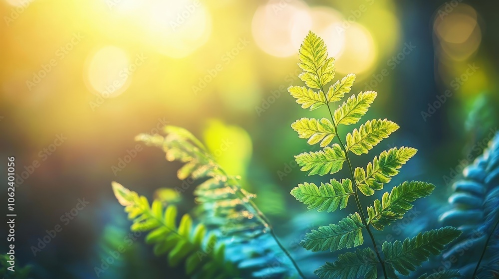 Close-Up of Sunlit Fern Leaves with Soft Bokeh Background in Lush Greenery Close-Up of Sunlit Fern Leaves with Soft Bokeh Background in Lush Greenery