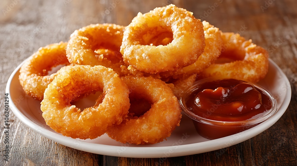 A plate of golden, crispy onion rings served with a side of BBQ sauce A plate of golden, crispy onion rings served with a side of BBQ sauce