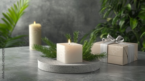 On top of a table, a small white candle sits next to a gift box.