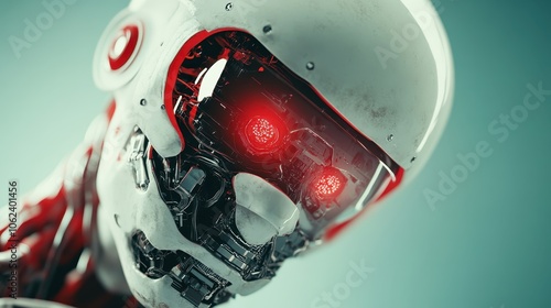 A menacing robot with glowing red eyes presents a sense of danger and high-tech menace, highlighting the darker side of robotics and artificial intelligence.