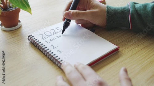 New year's resolutions. Hand starting 2025 goals indexed list in notebook