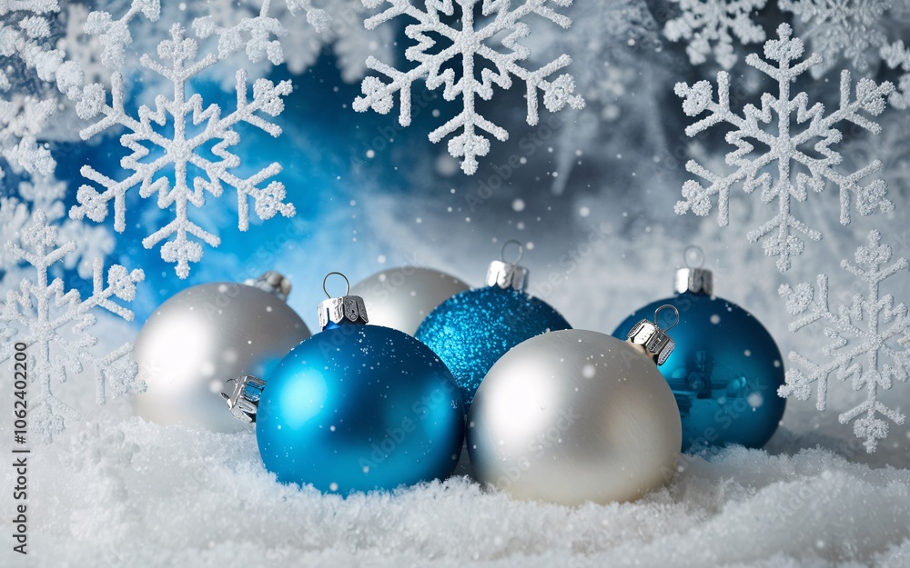 Blue and silver Christmas ornaments on snow with snowflake background. Blue and silver Christmas ornaments on snow with snowflake background.