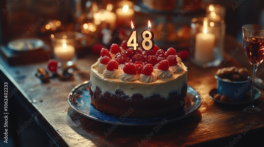 A birthday cake with candles lit, featuring number 48, decorated with raspberries, on a wooden table with a glass of wine. A birthday cake with candles lit, featuring number 48, decorated with raspberries, on a wooden table with a glass of wine.