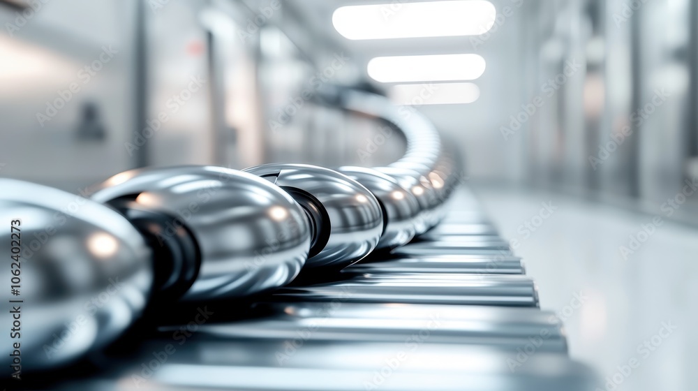 A sleek and shiny metallic conveyor system snakes through an industrial facility, representing the seamless flow and efficiency of modern manufacturing processes. A sleek and shiny metallic conveyor system snakes through an industrial facility, representing the seamless flow and efficiency of modern manufacturing processes.