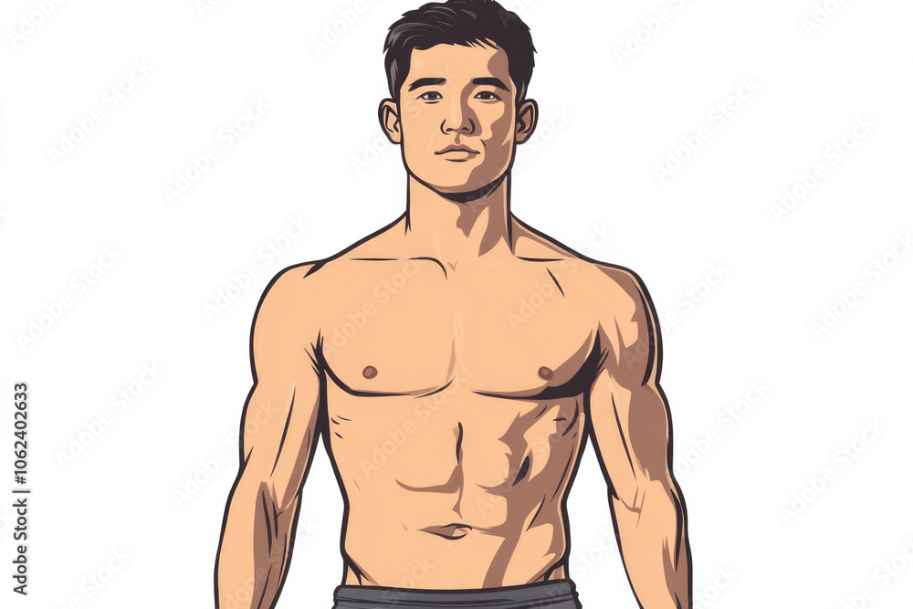 Fototapeta premium Artwork depicting a strong and confident man staring forward, embodying resiliency and determination. Modern art style emphasizes bold lines and smooth shading.