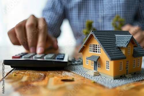 Calculating Property Taxes on a House Model Using a Handheld Calculator photo