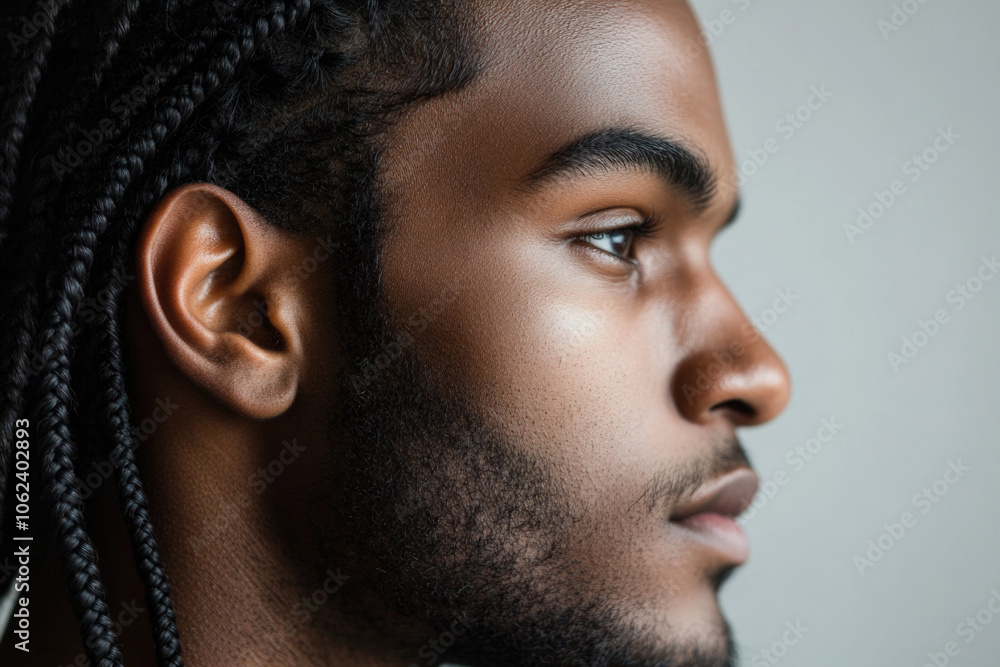 The image showcases a side profile view of a person with a stylish braided hairstyle, capturing intricate detail and texture in a neutral background setting. The image showcases a side profile view of a person with a stylish braided hairstyle, capturing intricate detail and texture in a neutral background setting.