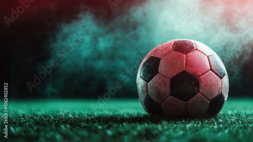 A soccer ball positioned on a field with a dramatic background, featuring illuminated goalposts, evoking excitement and anticipation for the upcoming match. photo