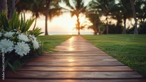 A beautiful tropical wooden pathway lined with white flowers, leading towards a sunset view of the ocean, evoking feelings of tranquility and exotic romance.