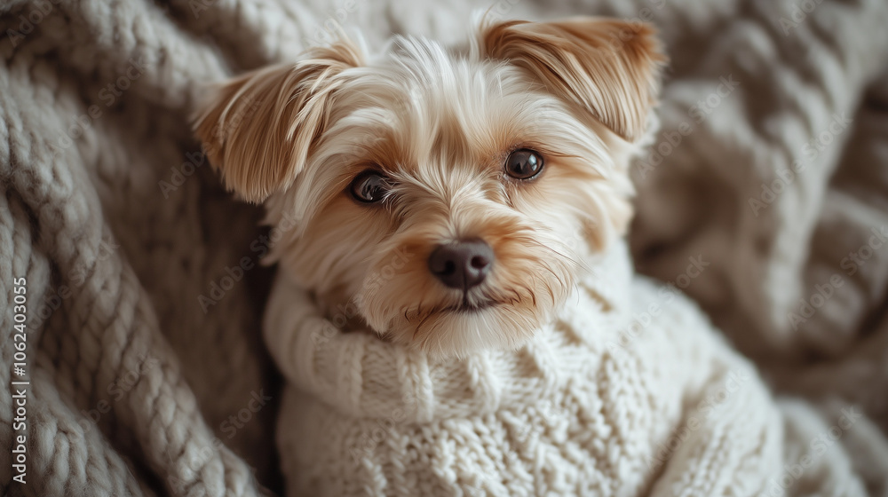 yorkshire terrier, small dog wearing a cozy knitted sweater, sitting indoors on a soft blanket, dog sweater yorkshire terrier, small dog wearing a cozy knitted sweater, sitting indoors on a soft blanket, dog sweater