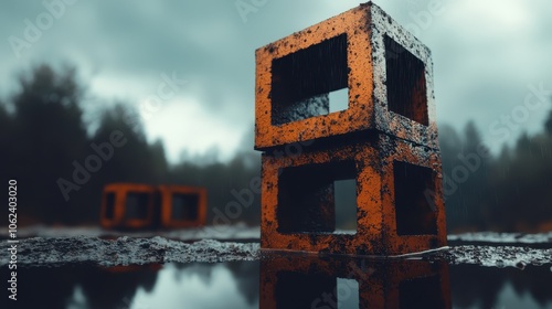 Rusty metal cubes standing on a reflective surface with sky and clouds in the background, creating an intriguing visual interplay between geometrical shapes and nature. photo