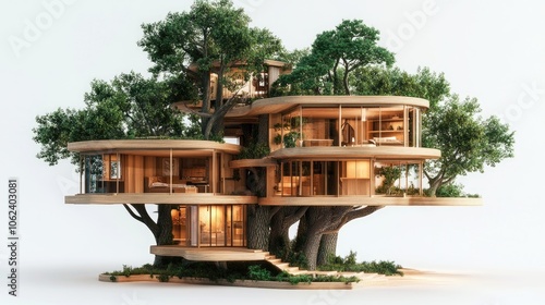 A modern, sustainable treehouse with large windows, wooden floors, and greenery.