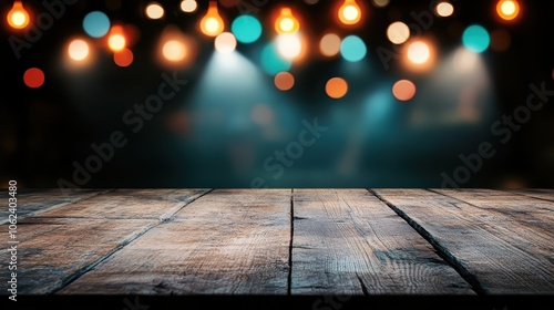 A rustic wooden tabletop stands in the foreground, set against a blurred backdrop of colorful bokeh lights, melding earthy textures with a lively night atmosphere. photo