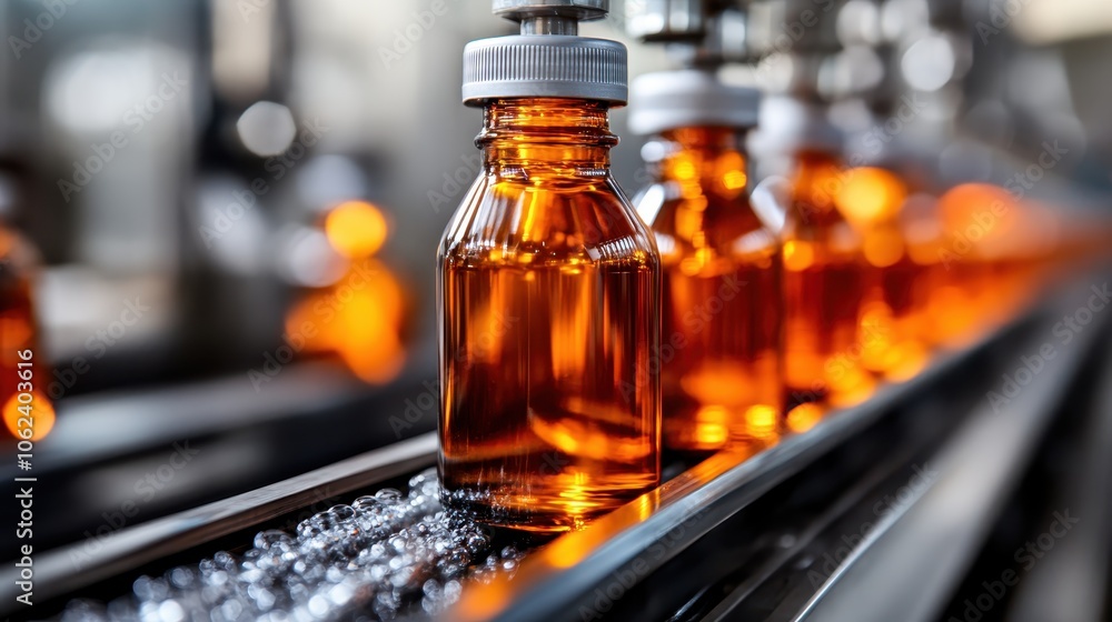 Amber glass bottles glide smoothly along an assembly line, their warm hues creating an industrial yet aesthetically pleasing scene filled with potential products. Amber glass bottles glide smoothly along an assembly line, their warm hues creating an industrial yet aesthetically pleasing scene filled with potential products.