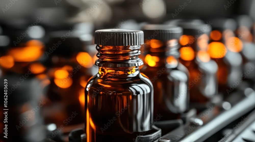 Amber glass bottles stand in a row, reflecting warm light and creating an atmosphere of mystery and potential in their elegant, industrial arrangement. Amber glass bottles stand in a row, reflecting warm light and creating an atmosphere of mystery and potential in their elegant, industrial arrangement.