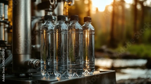 The image shows four bottles of water neatly arranged by industrial equipment amidst a natural setting, blending technology with the serene beauty of nature, showcasing juxtaposition. photo