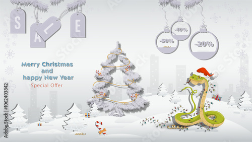 Special offer Christmas and New Years Sale A snake in a Santa Claus hat wrapped in a garland with a fir tree in a winter snowy forest