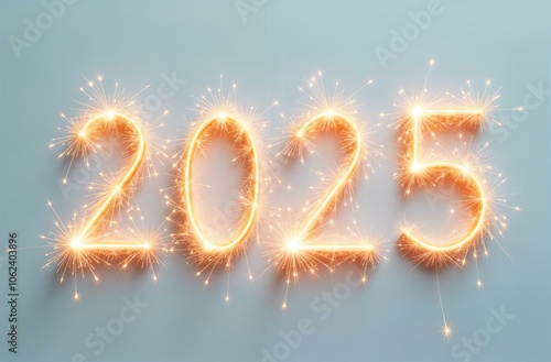 The number 2025 is made of festive sparklers on a gray-blue background. Happy New Year greetings