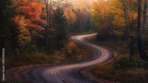 A winding paved road through a colorful autumn forest.