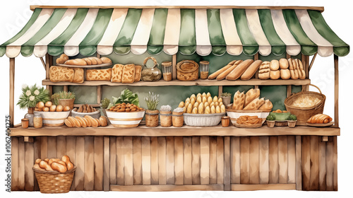 A storefront of a bakery, striped visor and vintage decor in flat style