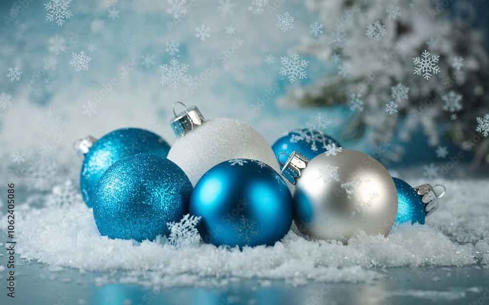 Blue and white Christmas ornaments in snow with falling snowflakes. Blue and white Christmas ornaments in snow with falling snowflakes.