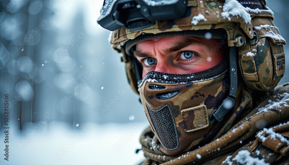 Determined Soldier in Winter Camouflage Gear