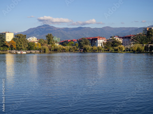 Lake in the mountainous area. Lake Nurigel in Batumi. Water surface, against the backdrop of the mountain. photo