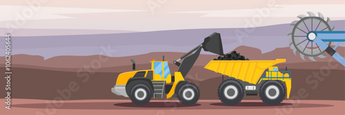 Mining Truck and Excavator bulldozer, cartoon vector art illustration, for banner social media, web, app, print etc
