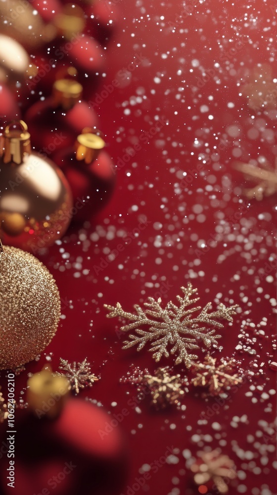 Festive holiday decorations featuring red and gold ornaments and snowflakes on a vibrant background Festive holiday decorations featuring red and gold ornaments and snowflakes on a vibrant background