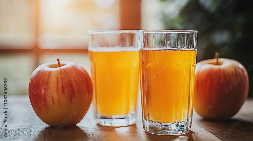 Refreshing apple juice in clear glasses next to fresh apples on a wooden table Refreshing apple juice in clear glasses next to fresh apples on a wooden table