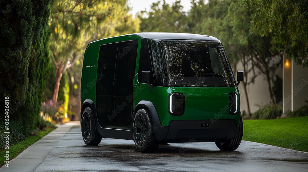 A modern electric vehicle parked on a lush driveway surrounded by greenery A modern electric vehicle parked on a lush driveway surrounded by greenery