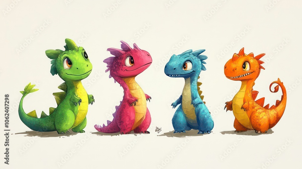 Obraz premium A colorful illustration of four cute dragon characters in various hues.