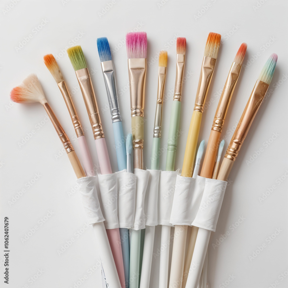 Fototapeta premium A set of paintbrushes and watercolor paints on a white background 1