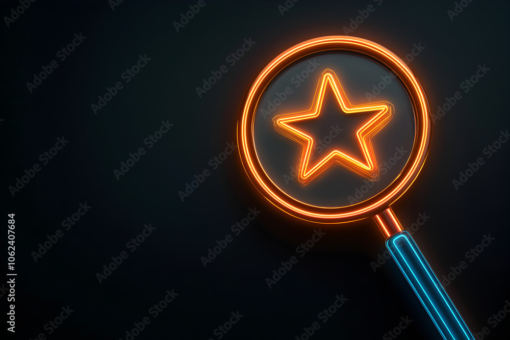 A visually captivating 3D illustration of a magnifying glass focusing on a radiant star rating emblem set against a black backdrop --ar 3:2 --s 50