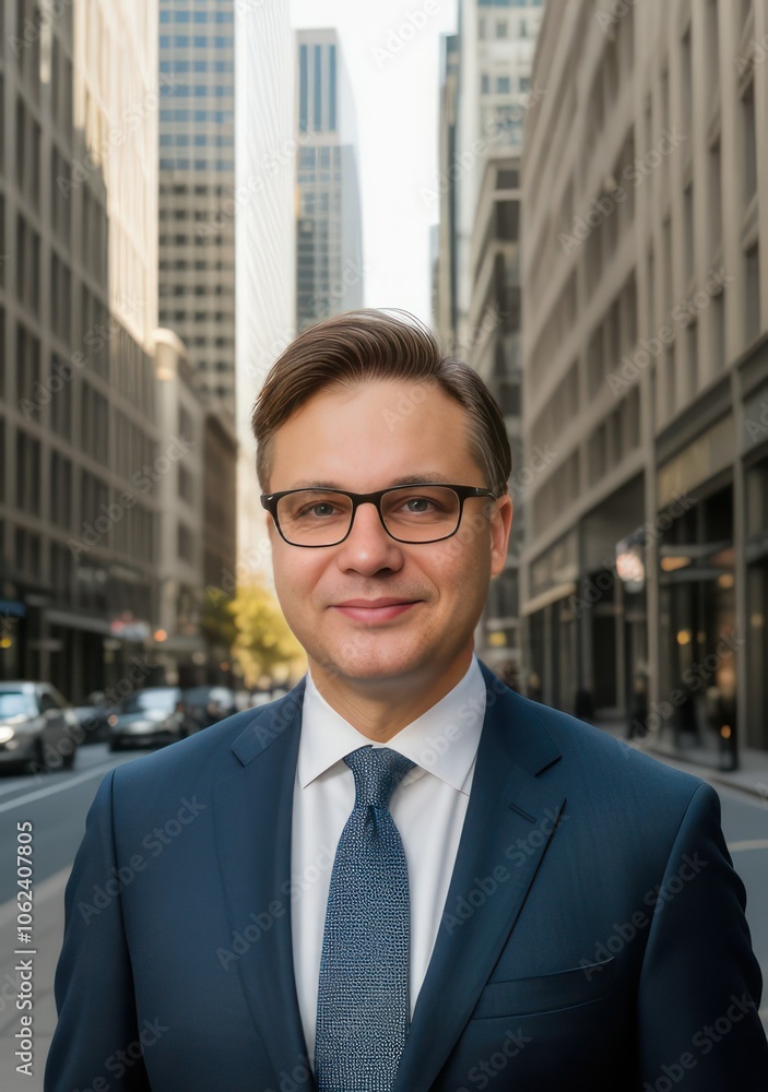 A confident businessman in a suit and glasses poses in an urban setting with skyscrapers in the background. His poised expression reflects professionalism, ideal for corporate and business themes. A confident businessman in a suit and glasses poses in an urban setting with skyscrapers in the background. His poised expression reflects professionalism, ideal for corporate and business themes.