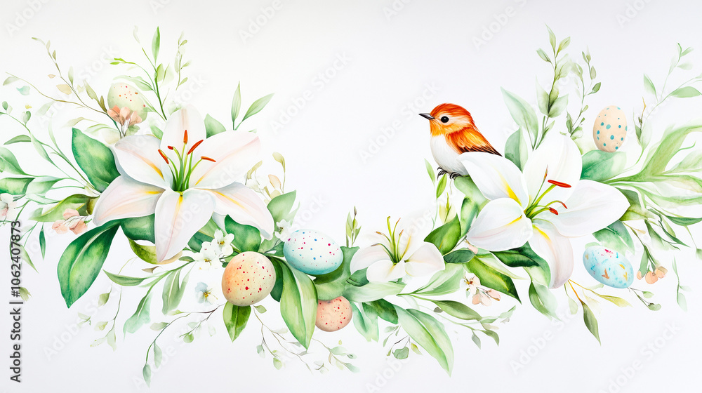 Easter floral frame with white lilies, green leaves, and small bird, creating a fresh spring border Easter floral frame with white lilies, green leaves, and small bird, creating a fresh spring border