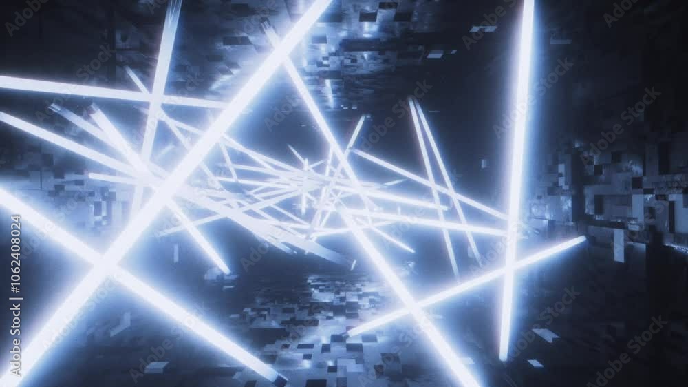 Camera moves back and forth dynamically in dark, abstract environment with numerous pulsating, bright, white light beams intersecting at various angles. Camera moves back and forth dynamically in dark, abstract environment with numerous pulsating, bright, white light beams intersecting at various angles.