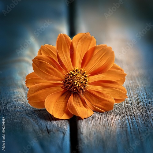 orange flower on wood background in cool tone effect selective focus photo