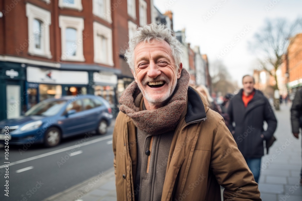 Handsome middle-aged man with grey hair and scarf in the city Handsome middle-aged man with grey hair and scarf in the city