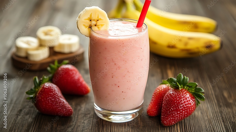 A refreshing strawberry banana smoothie garnished with a slice of fresh banana A refreshing strawberry banana smoothie garnished with a slice of fresh banana