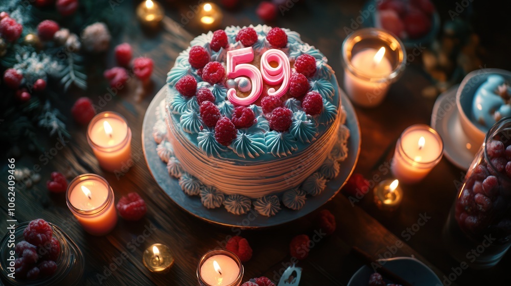 A birthday cake with pink candles and raspberries on a wooden table with candles around it. A birthday cake with pink candles and raspberries on a wooden table with candles around it.