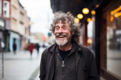 Portrait of a happy senior man laughing in the city street.