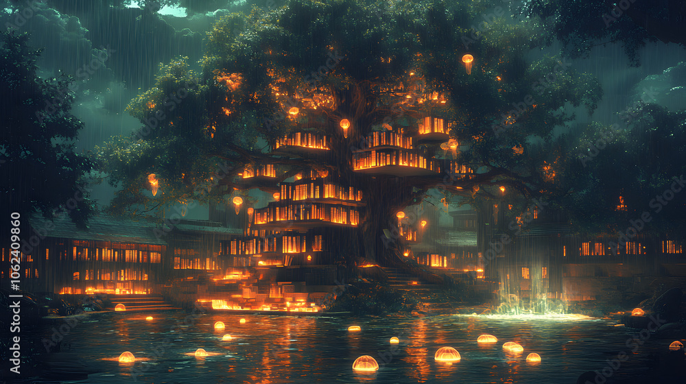 A Captivating Dreamscape of Trees Growing Books and Upward Falling Rain with Glowing Jellyfish in Floating Ponds A Captivating Dreamscape of Trees Growing Books and Upward Falling Rain with Glowing Jellyfish in Floating Ponds