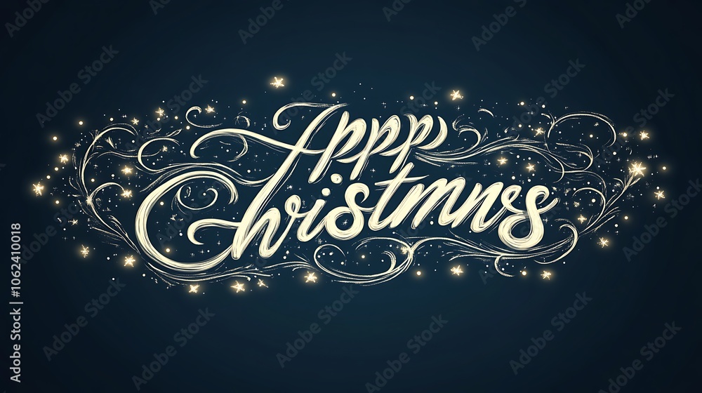 Happy Christmas in calligraphy surrounded by twinkling fairy lights on a dark navy blue background. Happy Christmas in calligraphy surrounded by twinkling fairy lights on a dark navy blue background.