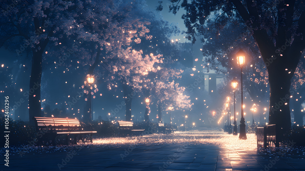 Fototapeta premium A Serene Park in Springtime Surrounded by Enchanting Cherry Blossoms and Gentle Breezes, Illustrated with Graceful Brushstrokes