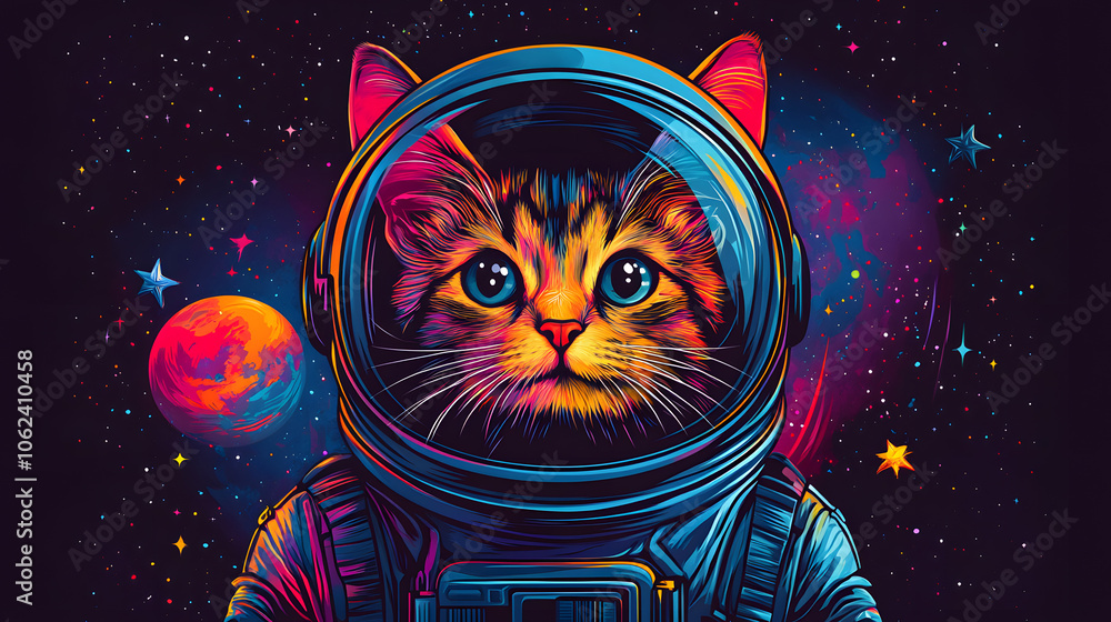 An Adventurous Cartoon Cat in a Futuristic Space Helmet Dreaming of Catnip in a Colorful Cosmos An Adventurous Cartoon Cat in a Futuristic Space Helmet Dreaming of Catnip in a Colorful Cosmos