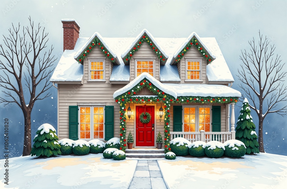 Fototapeta premium Facade of the house in the evening of snowy winter, decor with Christmas garland, New Year Eve, snow outside