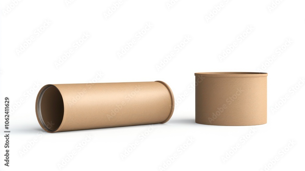 Two cylindrical cardboard containers, one open and one closed, showcasing simple packaging design.