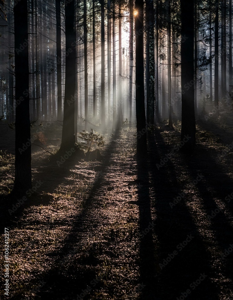 Naklejka premium Sunbeams in a misty forest